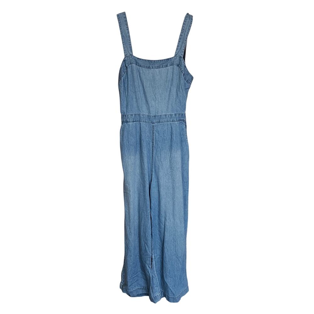 Madewell Denim Apron Bow Back Jumpsuit Blue Wide Leg Sleeveless ‎ Size 8 Tall